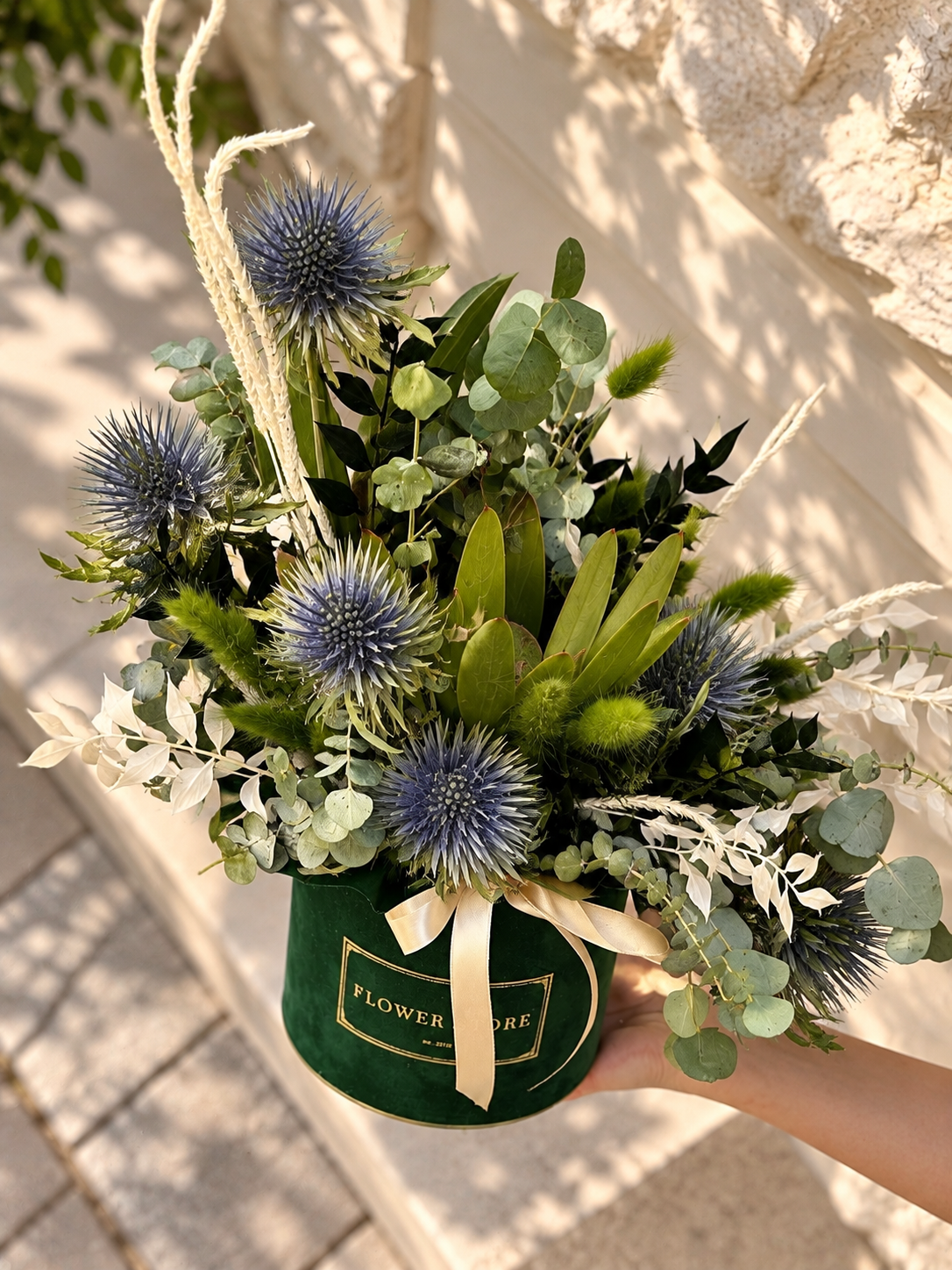 Flowerbox kompozycja z preparowanego eukaliptusa