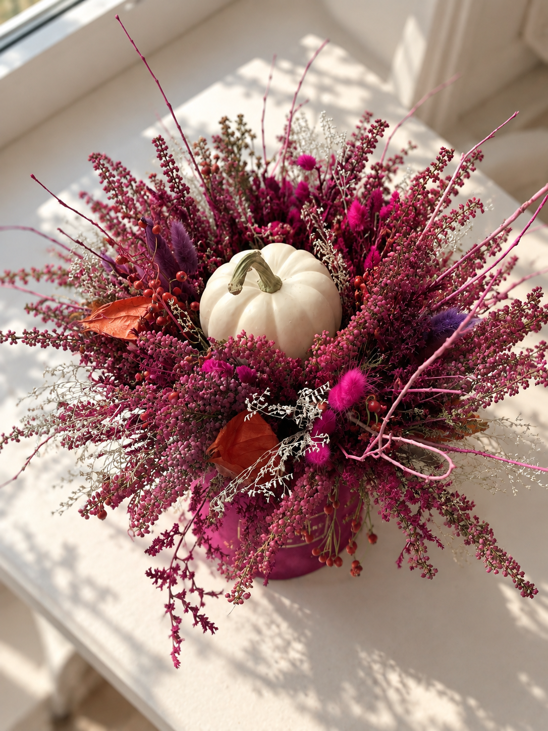 Crazy autumn flocked flowerbox with composition