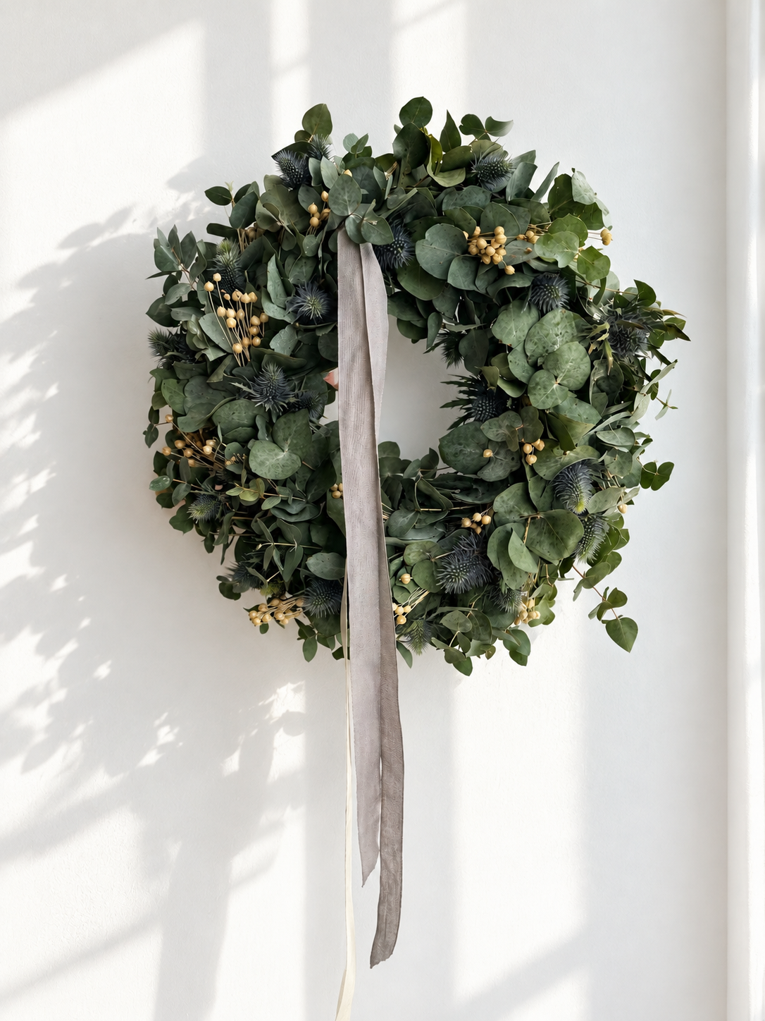 Eucalyptus wreath eternal spring with natural ribbons