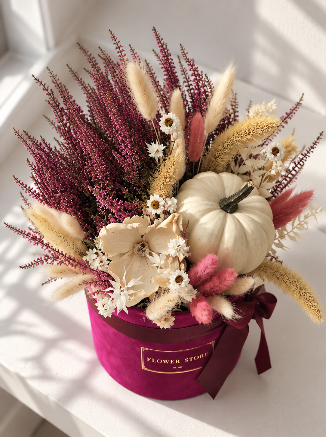 FUKSJE FLOKED FLOWERBOX with autumn composition- pumpkin and heather