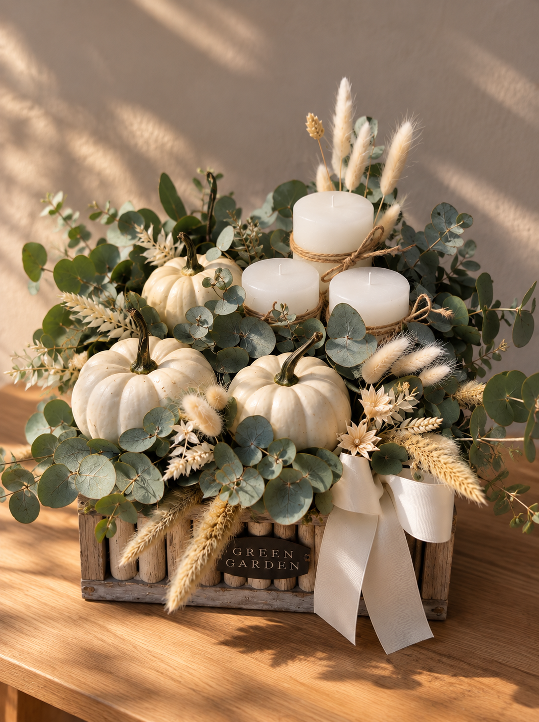 Green Garden composition with pumpkins and candles