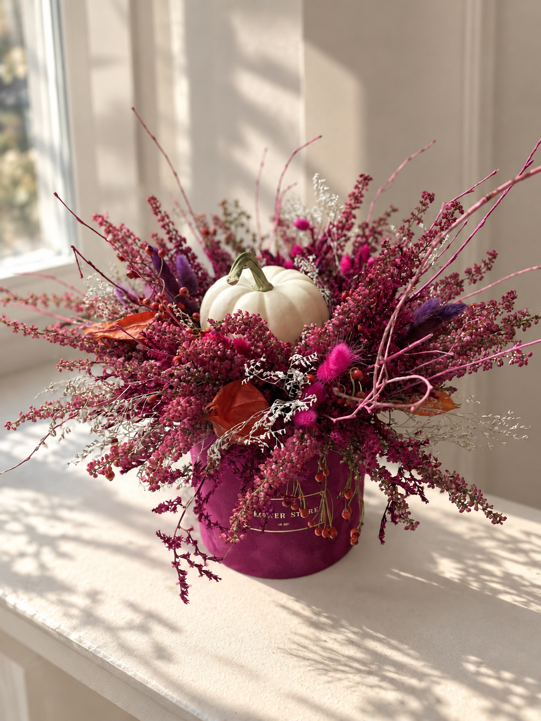 Crazy autumn flocked flowerbox with composition