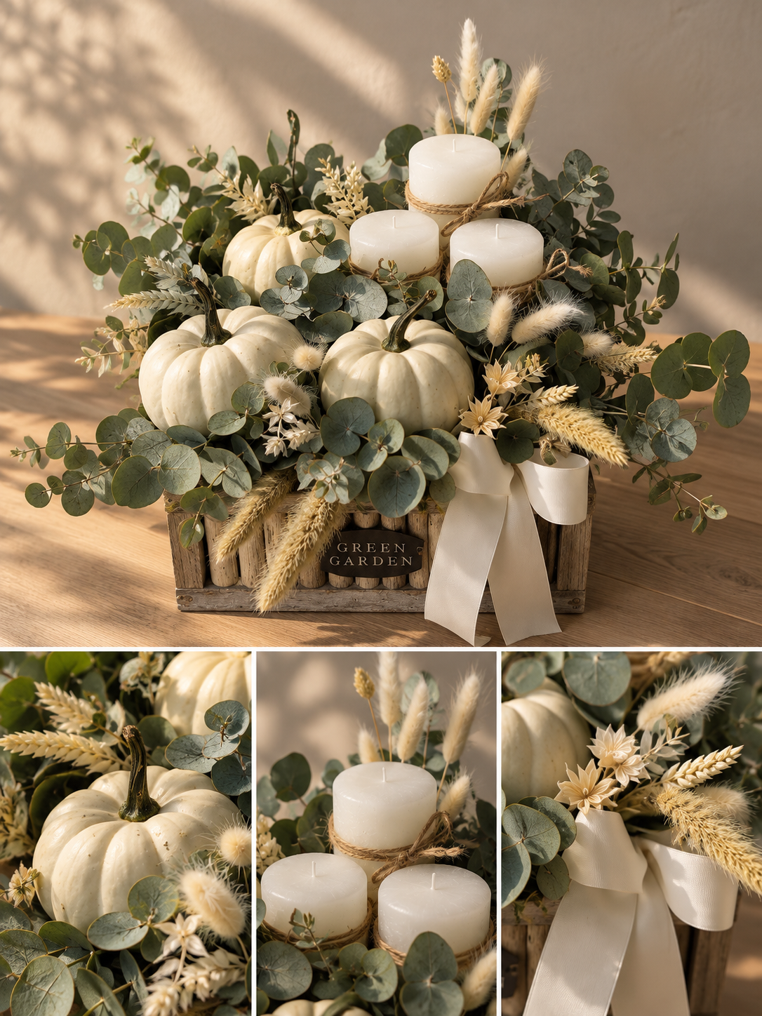 Green Garden composition with pumpkins and candles