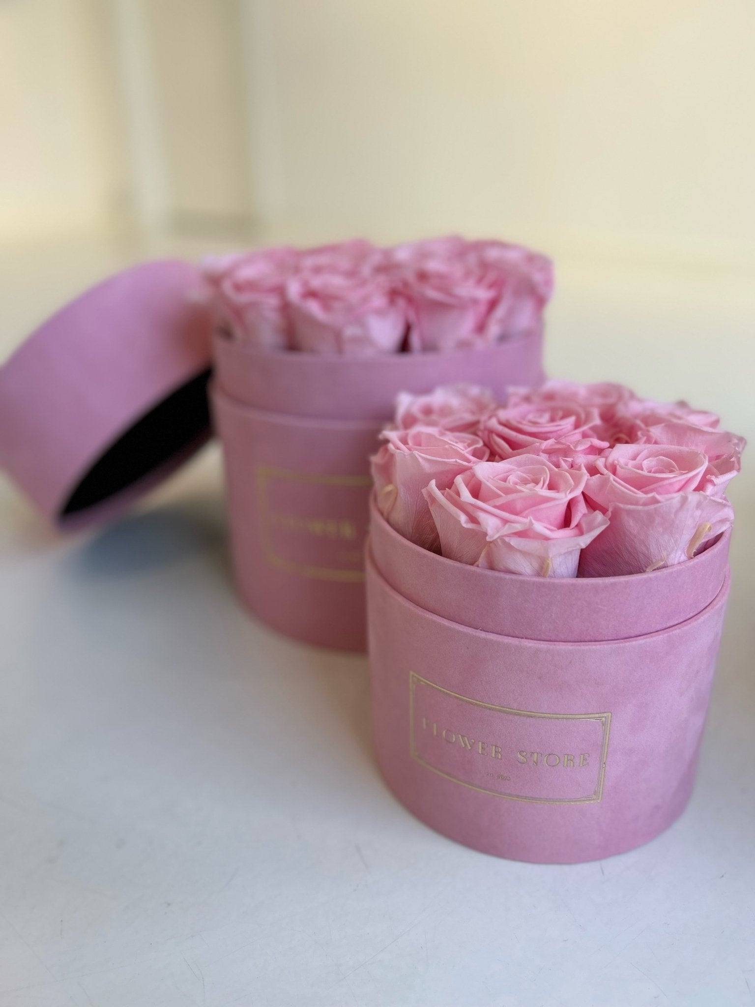 Wieczne róże - średni flokowany różowy flowerbox - kwiaty Flower Store Warszawa