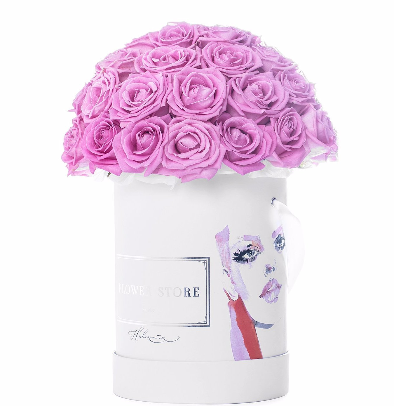 Wieczne róże różowe duży okrągły biały flowerbox z grafiką Anny Halarewiczą - kwiaty z dostawą