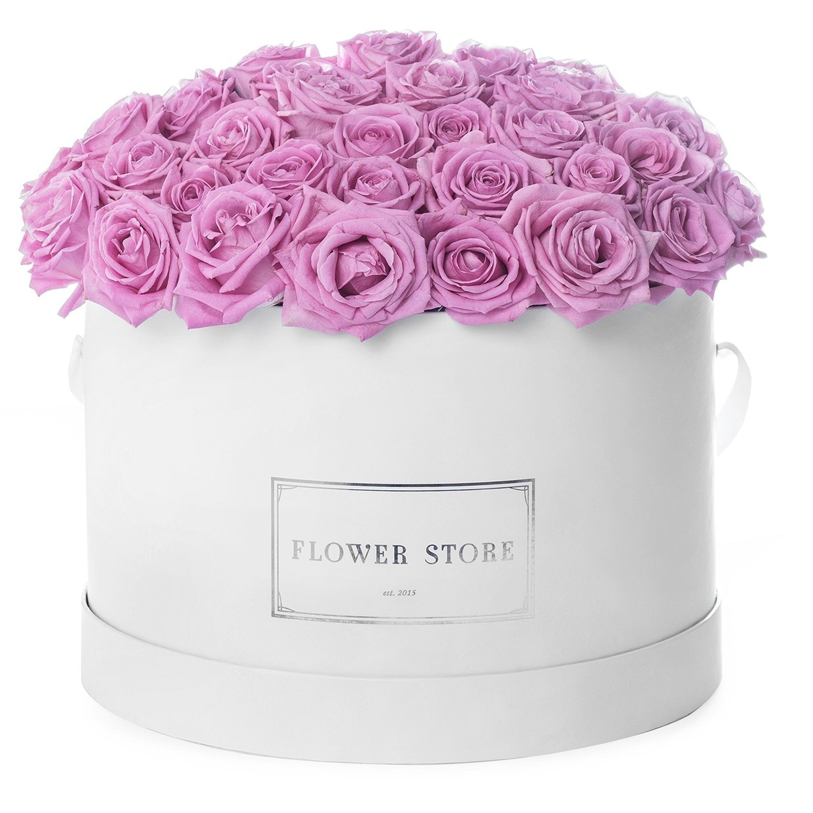 Biały grande flowerbox z różowymi wiecznymi różami - kwiaty Flower Store Warszawa