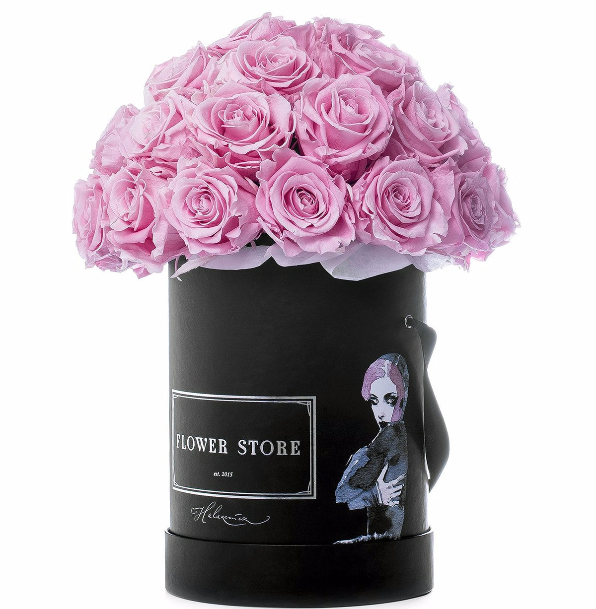 Black Hood Lady z różowymi różami - kwiaty żywe - flowerbox