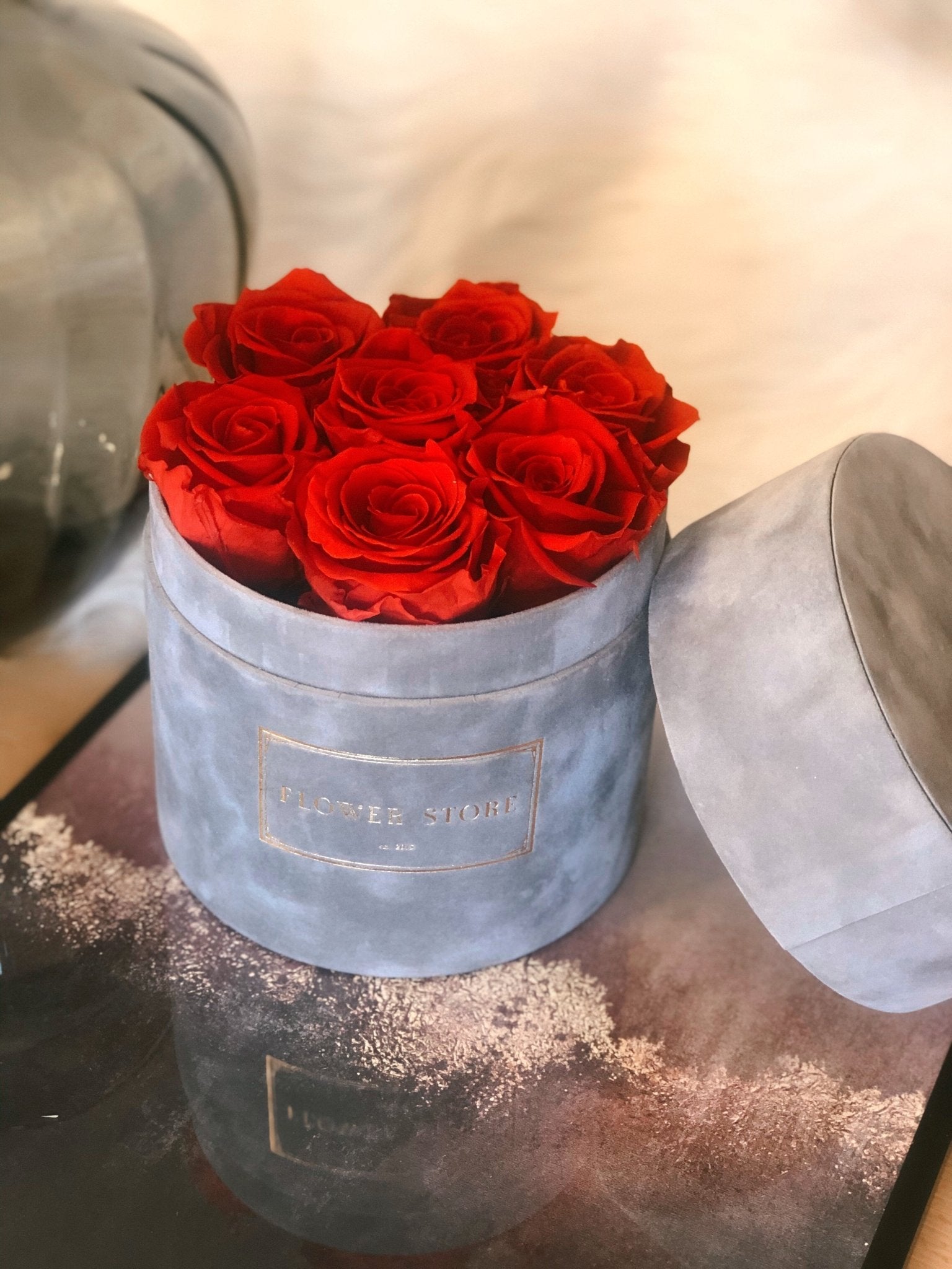 Wieczne róże czerwone flowerbox flokowany kwiaty z dostawą - kwiaty Flower Store Warszawa